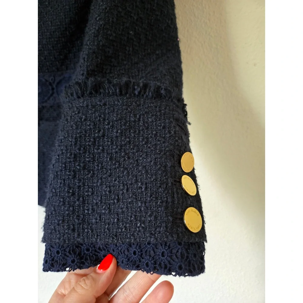 Tory Burch Navy Blue Tweed Lace Trim Jacket Gold Buttons 8  Womens Boucle Blazer - Picture 2 of 13